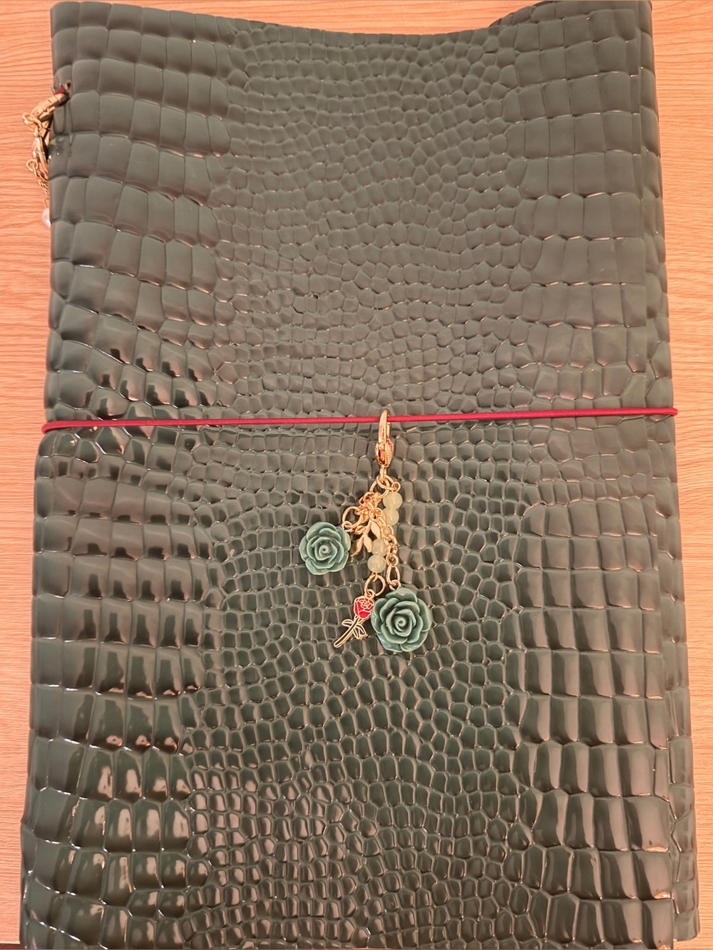 Handmade Green Crocodile-Embossed Journal with Red Elastic